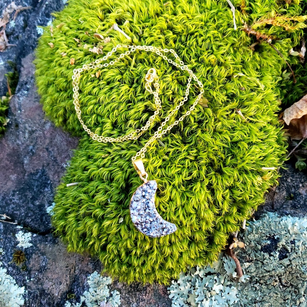 Celestial Crescent Moon Silver Druzy Necklace - image 3